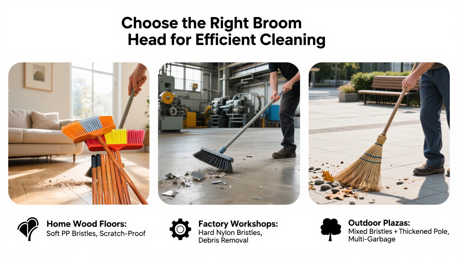 Which type of broom head should be chosen for different scena